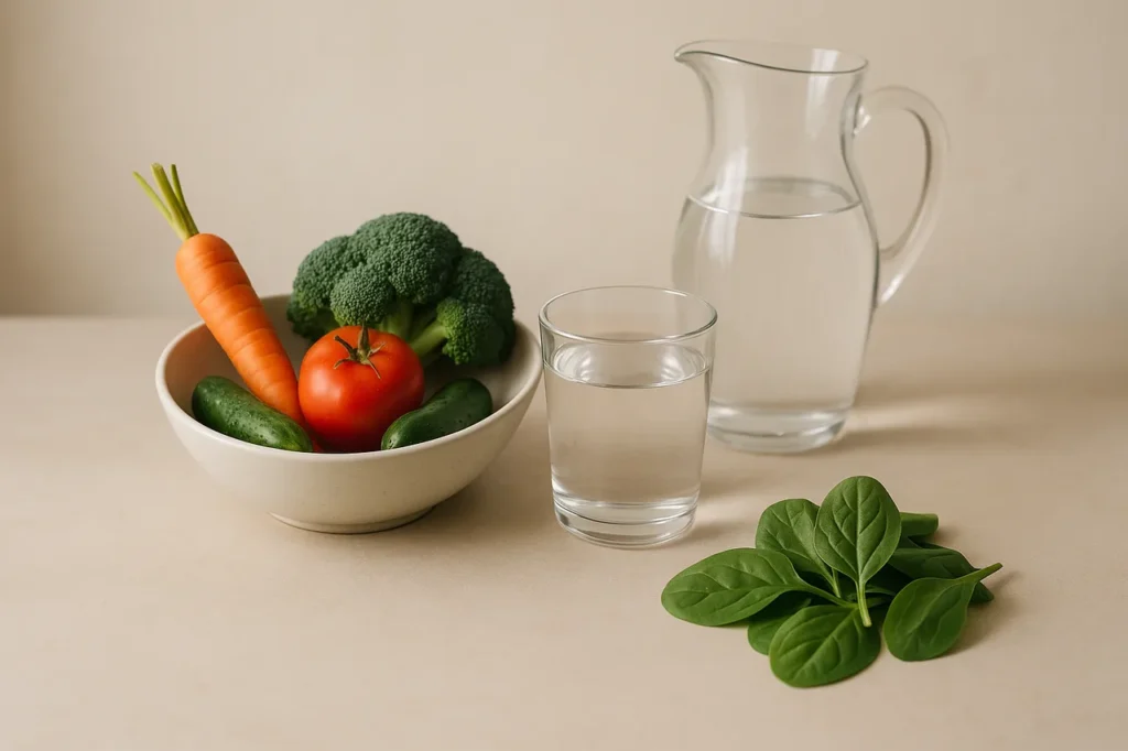 Legumes frescos e água representando o jejum terapêutico e detox para saúde