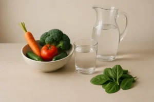 Legumes frescos e água representando o jejum terapêutico e detox para saúde