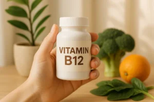 Frasco de suplemento de vitamina B12 em ambiente natural e claro