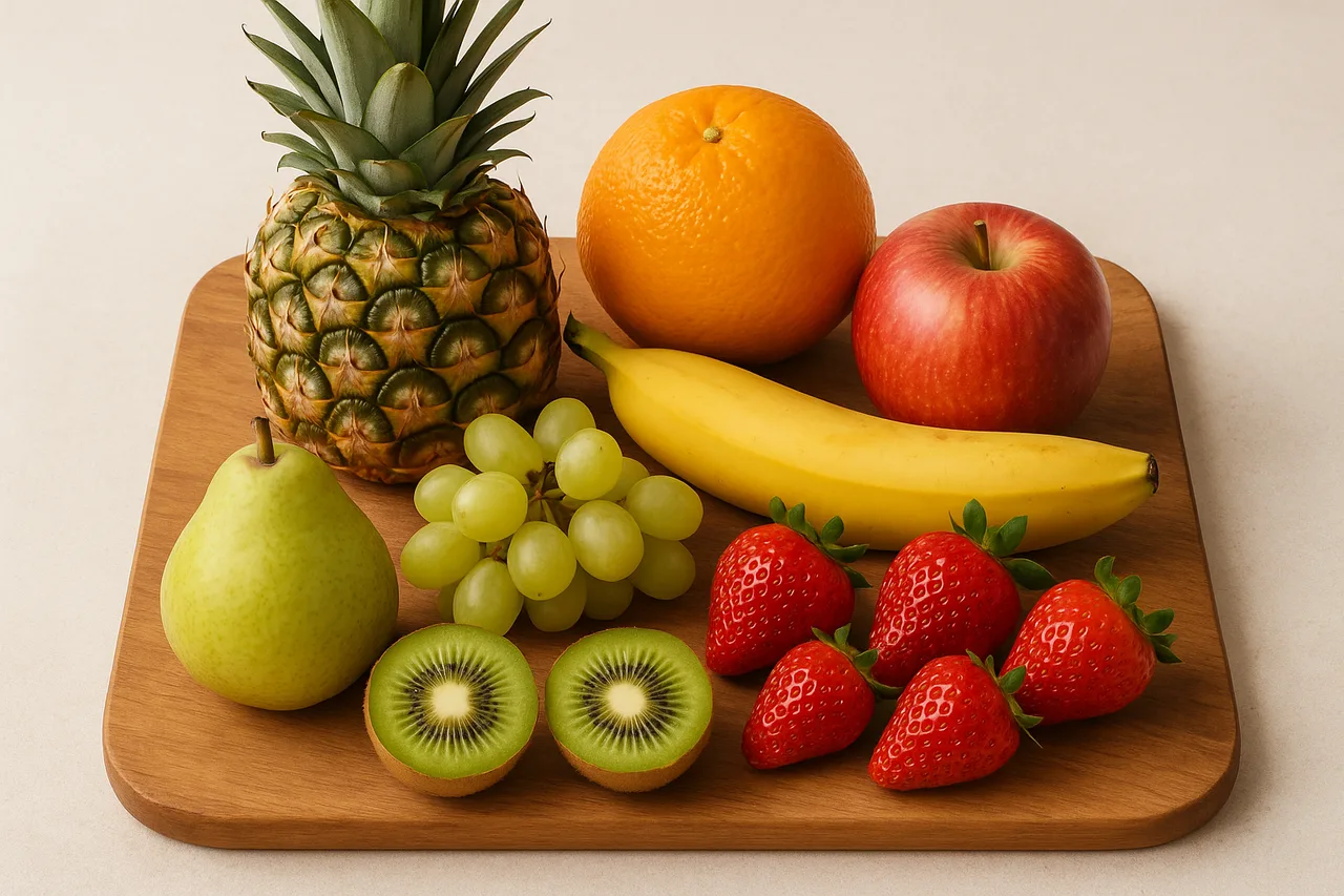 Para compor com o Mel Natural Frutas frescas inteiras variadas numa tábua de madeira