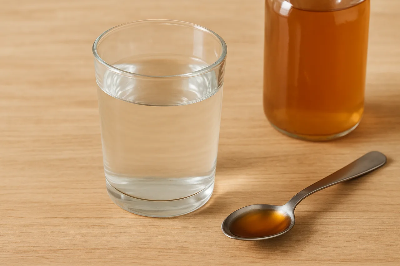 Copo com água e vinagre de maçã diluído ao lado de colher de sopa numa superfície de madeira