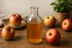 Garrafa de vinagre de maçã orgânico com maçãs frescas em cozinha natural