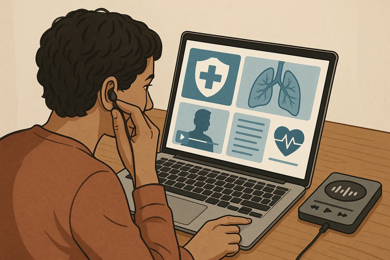 Falsos Médicos Online - Pessoa a consumir informação de saúde online com atenção crítica aos detalhes visuais e auditivos