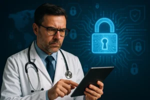 Profissional de saúde a analisar informação digital, representando segurança na saúde online