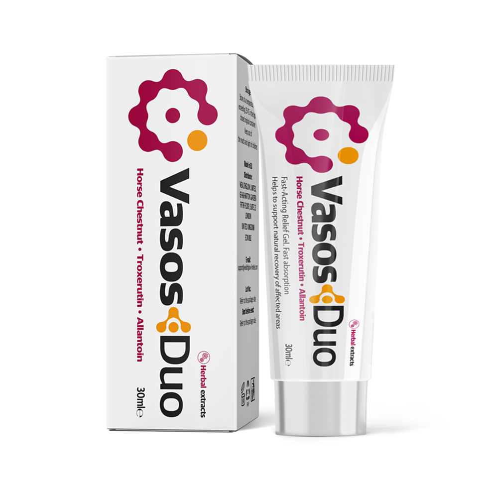 Vasos DUO gel para conforto das pernas com embalagem e tubo de 30 ml