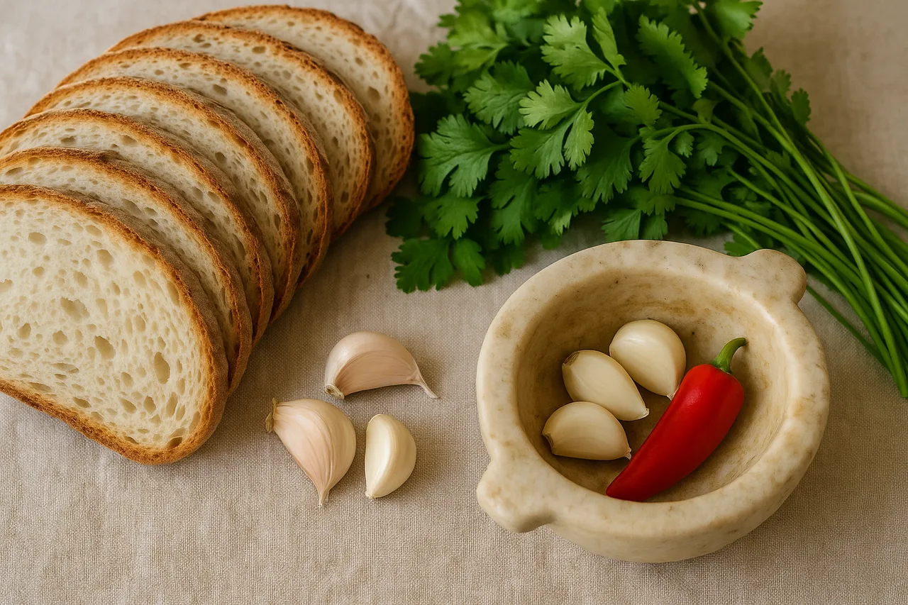 Ingredientes tradicionais para açorda de alho à alentejana preparados numa tigela e almofariz