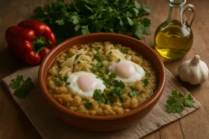 Prato de açorda de alho à alentejana com bacalhau e ovos escalfados numa tigela rústica