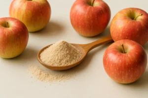 Colher com açúcar de maçã natural em pó e maçãs frescas ao fundo