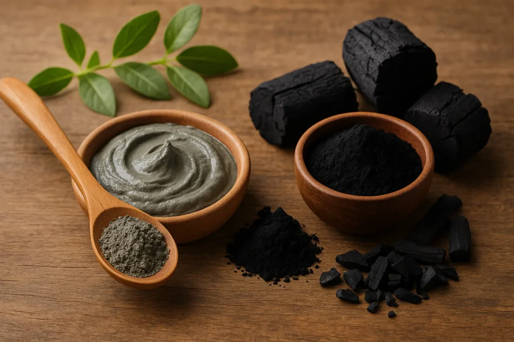 Argila preta e carvão vegetal ativado numa composição natural sobre madeira para terapias naturais