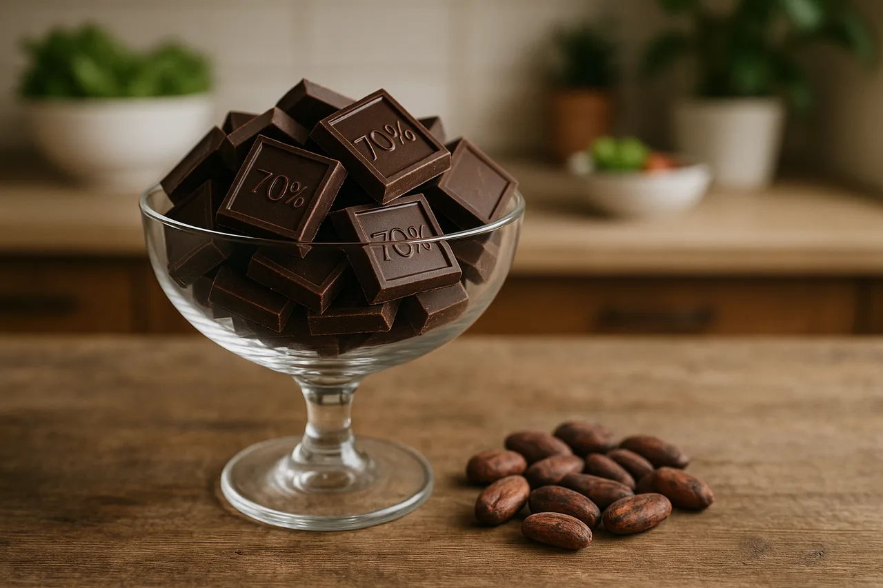 Taça com pedaços de chocolate 70% cacau ao lado de grãos de cacau sobre mesa de cozinha rústica