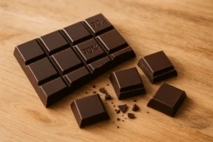 Barra de chocolate 70% cacau partida em quadradinhos sobre superfície de madeira clara
