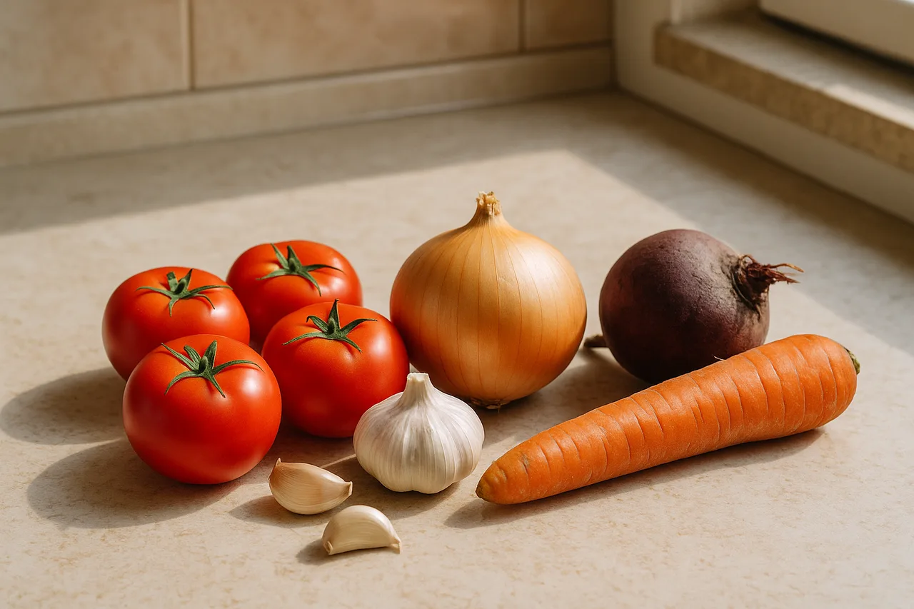 Ingredientes frescos para molho de tomate caseiro numa bancada de cozinha com tomates, cebola, alho, cenoura e beterraba