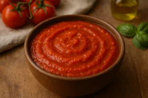 Molho de tomate caseiro servido numa tigela rústica, com textura cremosa e cor vibrante