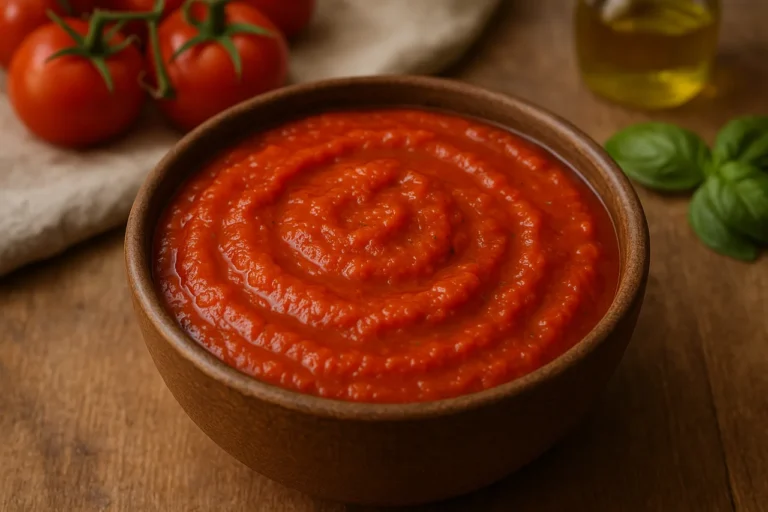 Molho de tomate caseiro servido numa tigela rústica, com textura cremosa e cor vibrante