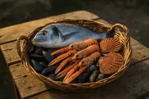 Peixe fresco e marisco recém-pescados em cesta rústica na aldeia
