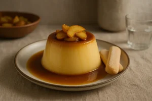 Pudim chinês com maçã caramelizada numa travessa rústica, acompanhado de palitos La Rena