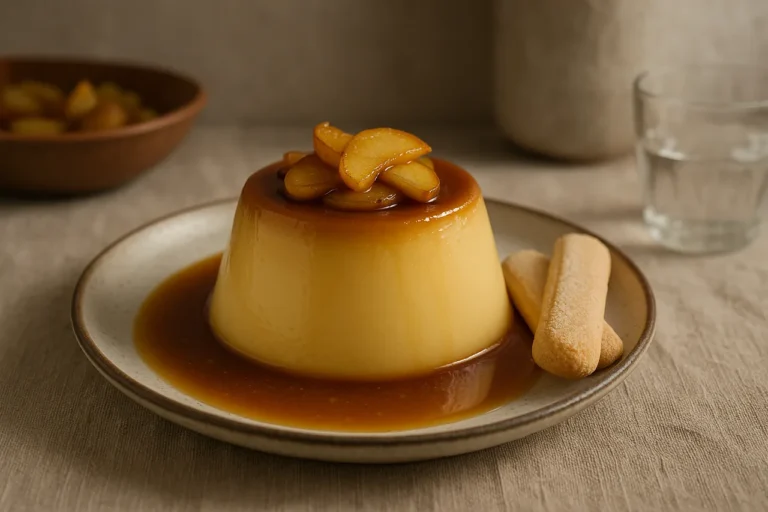 Pudim chinês com maçã caramelizada numa travessa rústica, acompanhado de palitos La Rena