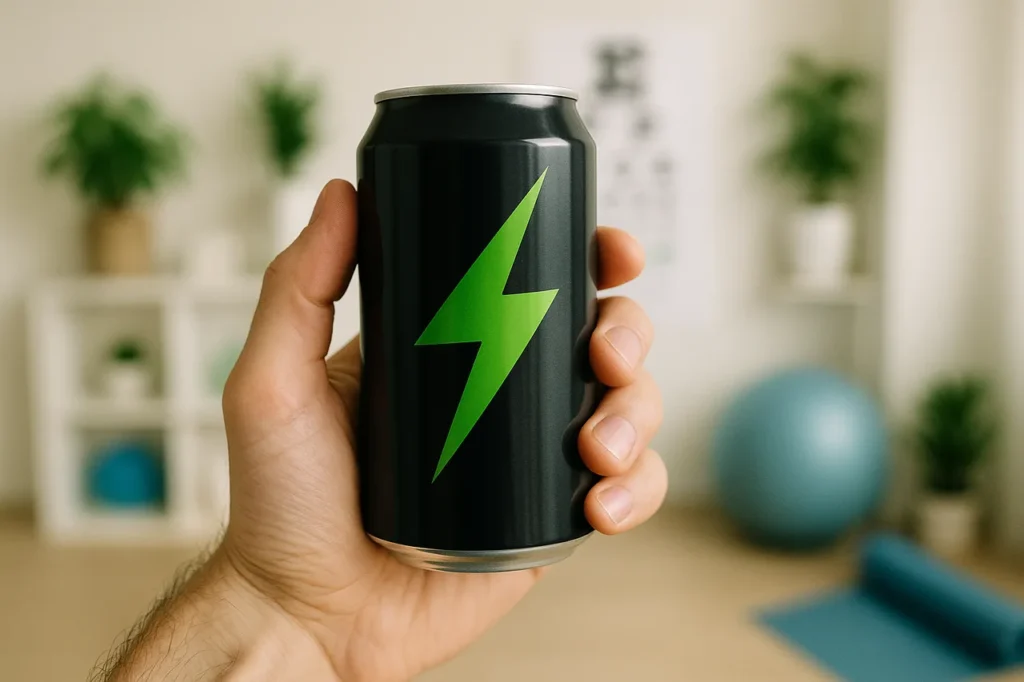 Lata de bebida energética em foco, conceito de saúde e bem-estar