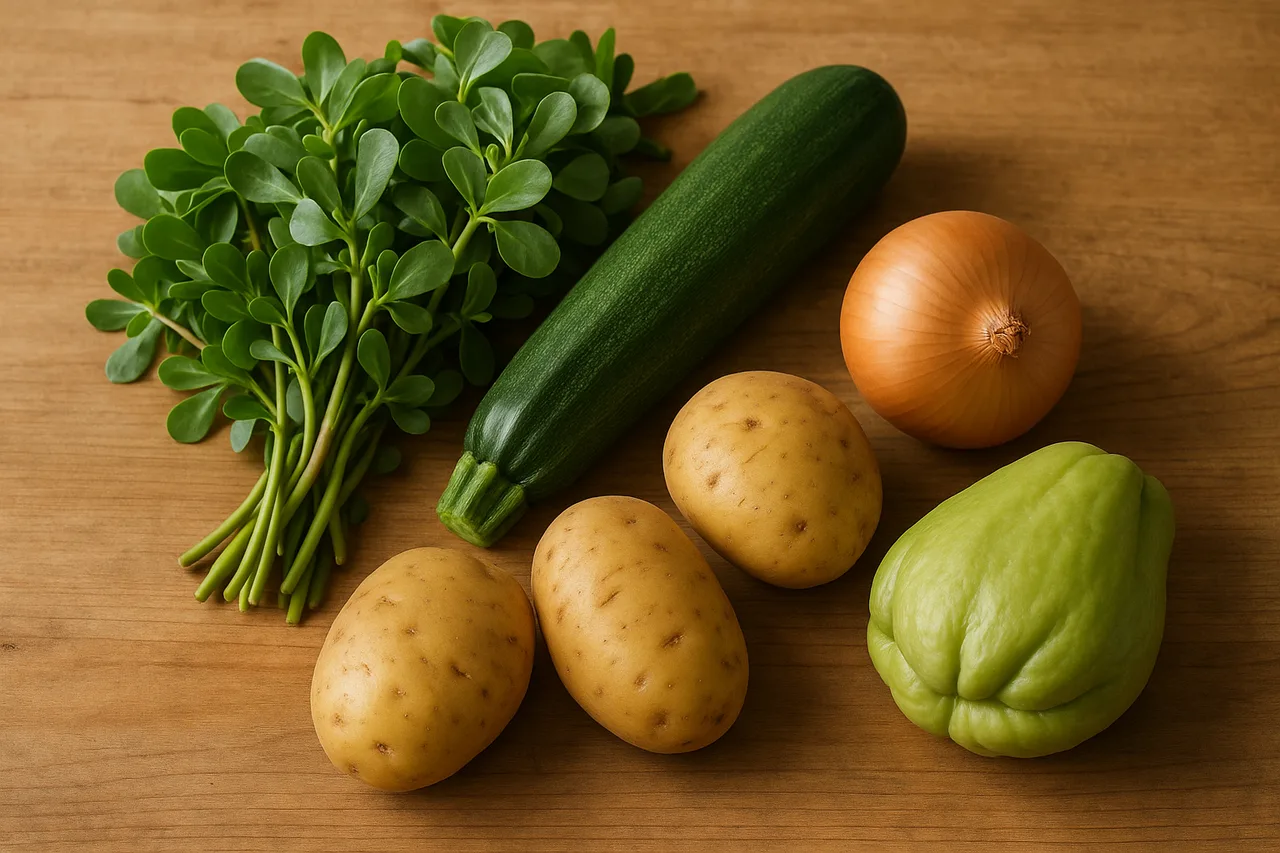 Ingredientes frescos para sopa de beldroegas numa bancada de madeira