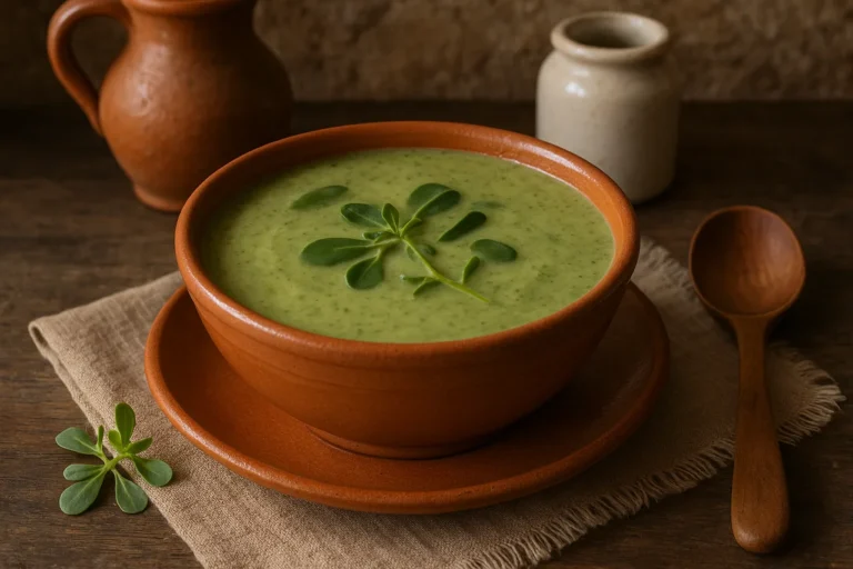 Sopa de beldroegas cremosa servida numa tigela rústica