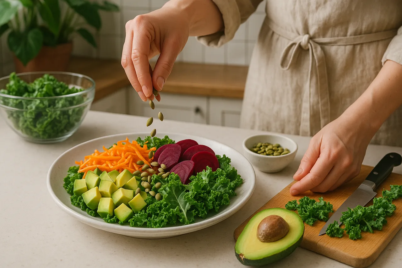 Saúde Cardiovascular - Salada colorida com abacate, beterraba, couve e sementes preparada numa cozinha caseira