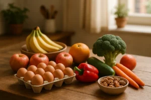 Alimentos frescos e acessíveis numa mesa de cozinha para uma alimentação saudável