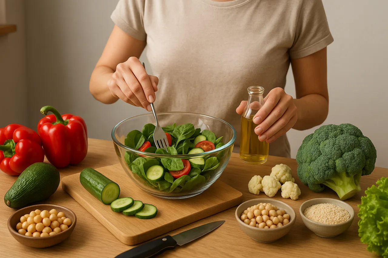 Pessoa a preparar uma refeição saudável com ingredientes naturais