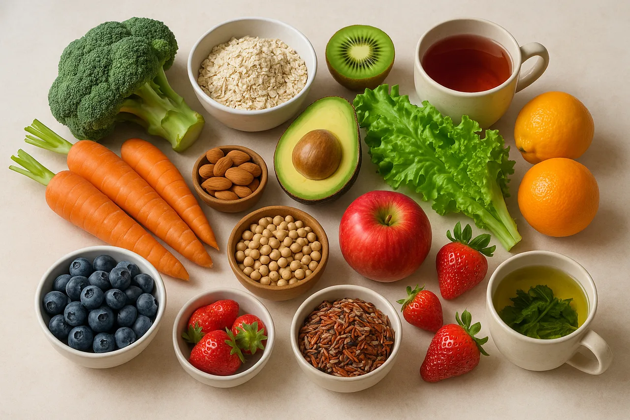 Recuperar a Saúde - Alimentos frescos e naturais numa mesa, simbolizando nutrição saudável