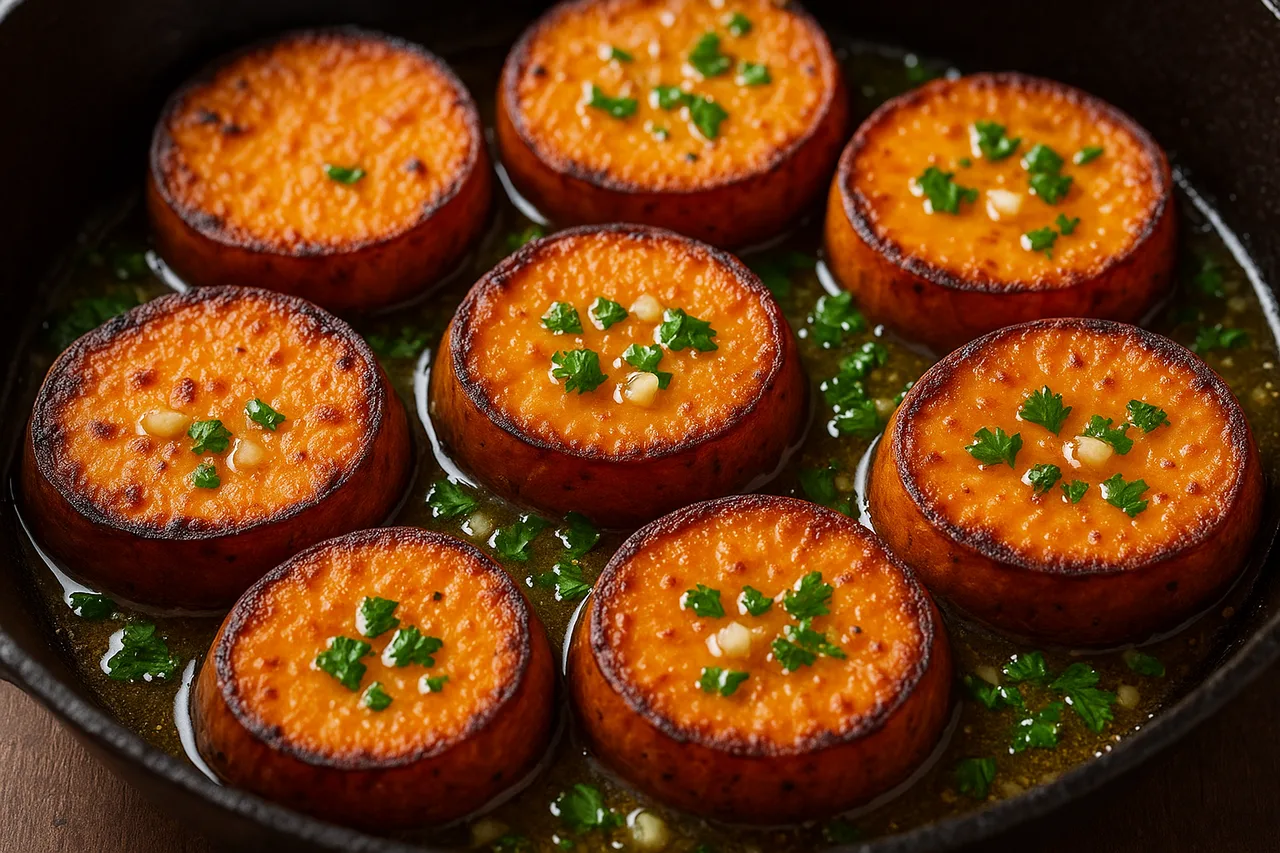 Fatias douradas de batata doce à madeirense na frigideira com manteiga, alho e salsa