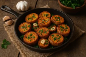 Batata doce à madeirense dourada na sertã com alho e salsa fresca