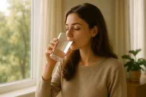 Pessoa a beber água pela manhã num ambiente calmo e natural