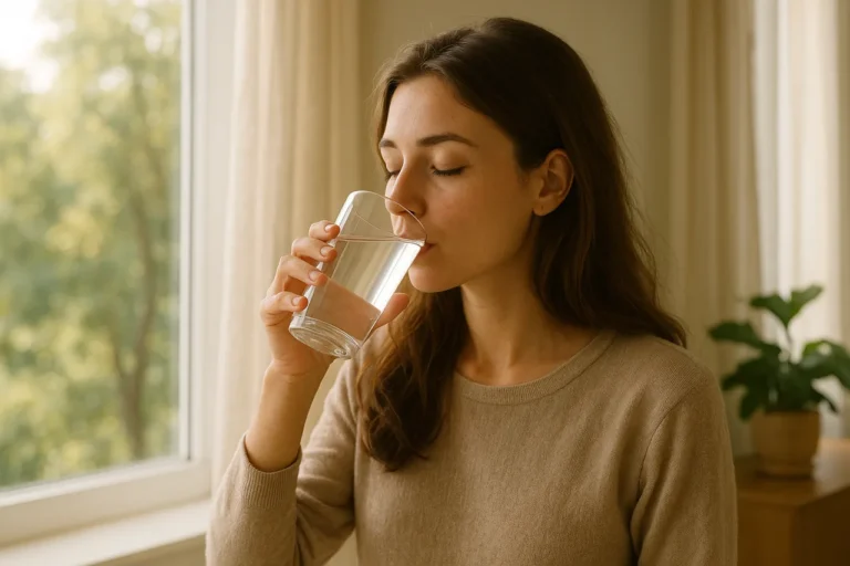 Pessoa a beber água pela manhã num ambiente calmo e natural