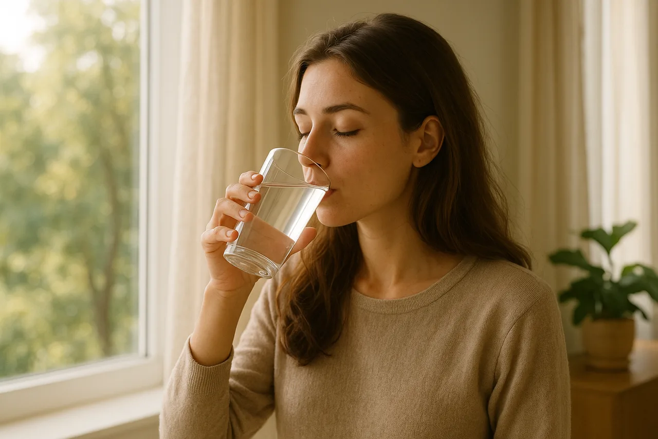 Pessoa a beber água pela manhã num ambiente calmo e natural