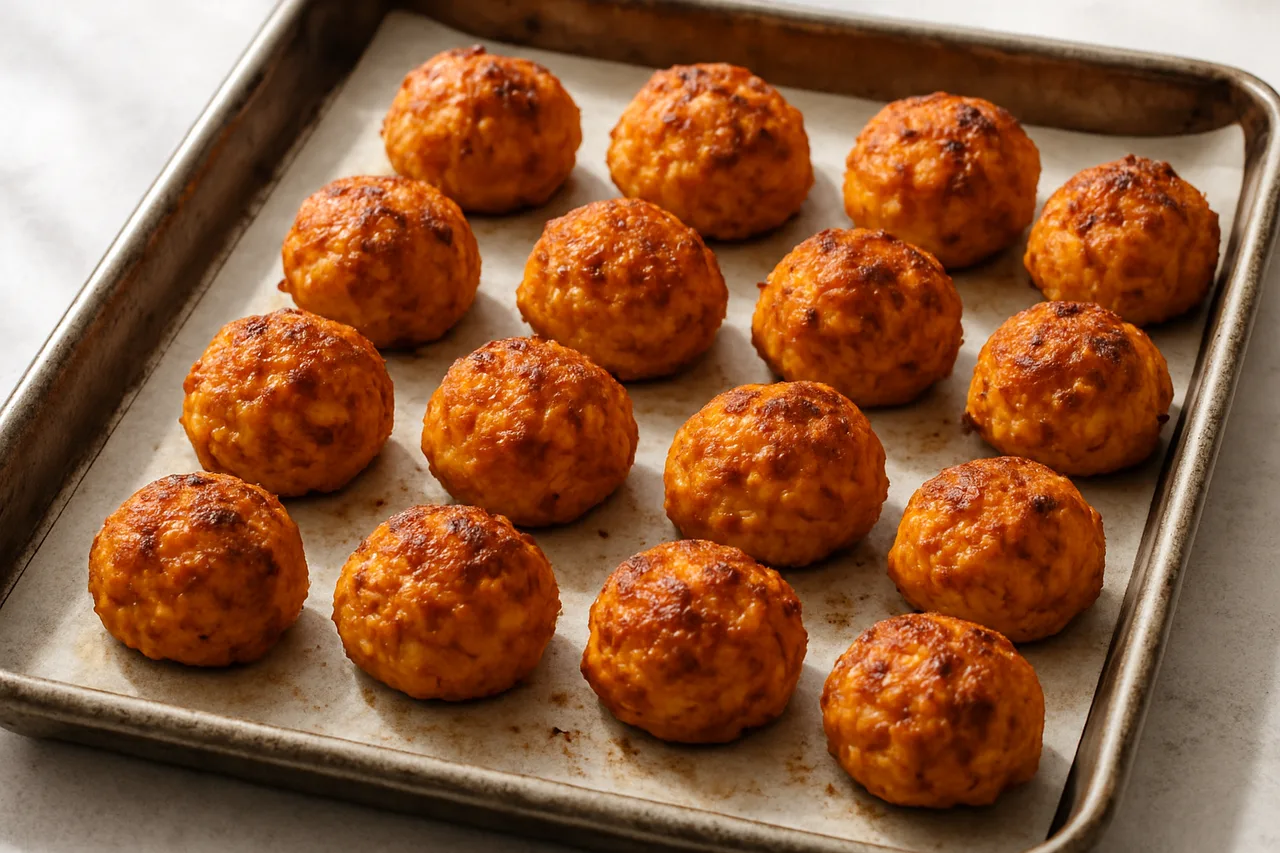 Bolinhas de batata doce com frango recém-assadas no tabuleiro