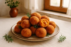 Bolinhas de batata doce com frango apresentadas num prato rústico
