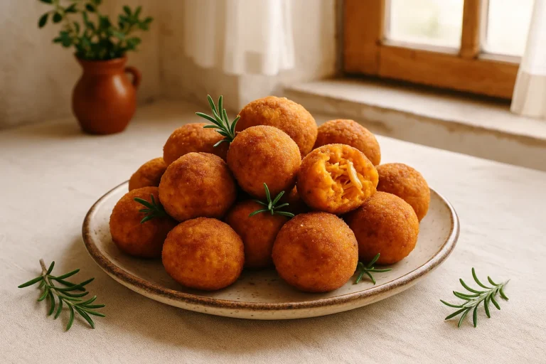 Bolinhas de batata doce com frango apresentadas num prato rústico