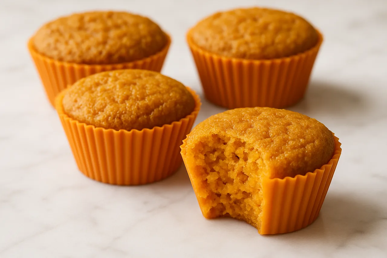 Mini bolinhos de cenoura low carb com textura fofinha e cor alaranjada