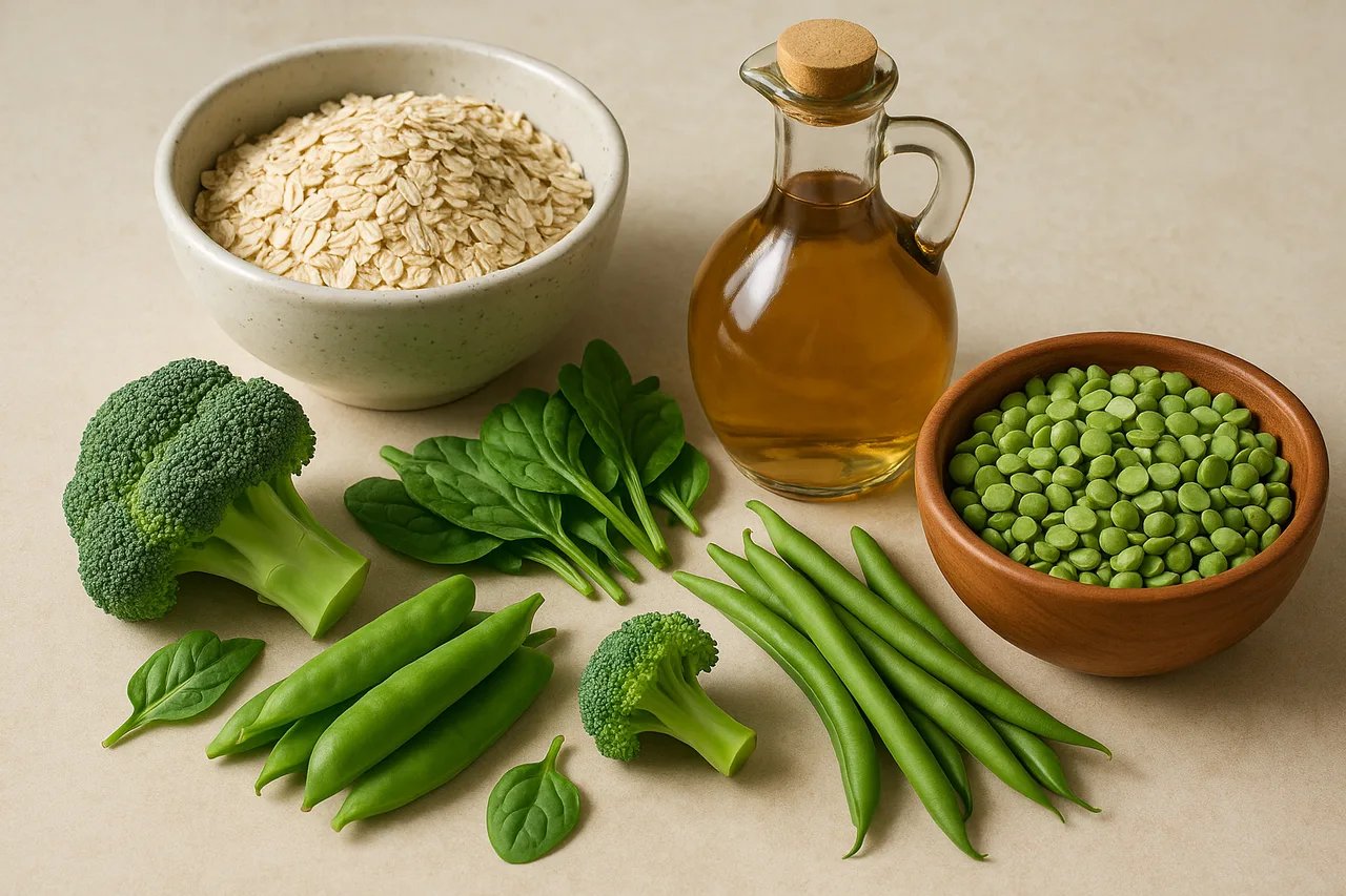 Alimentos ricos em fibra viscosa como aveia, legumes verdes e garrafa de vinagre de maçã