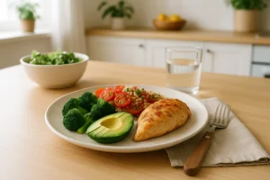 Refeição saudável com vegetais, proteínas e carboidratos numa cozinha acolhedora