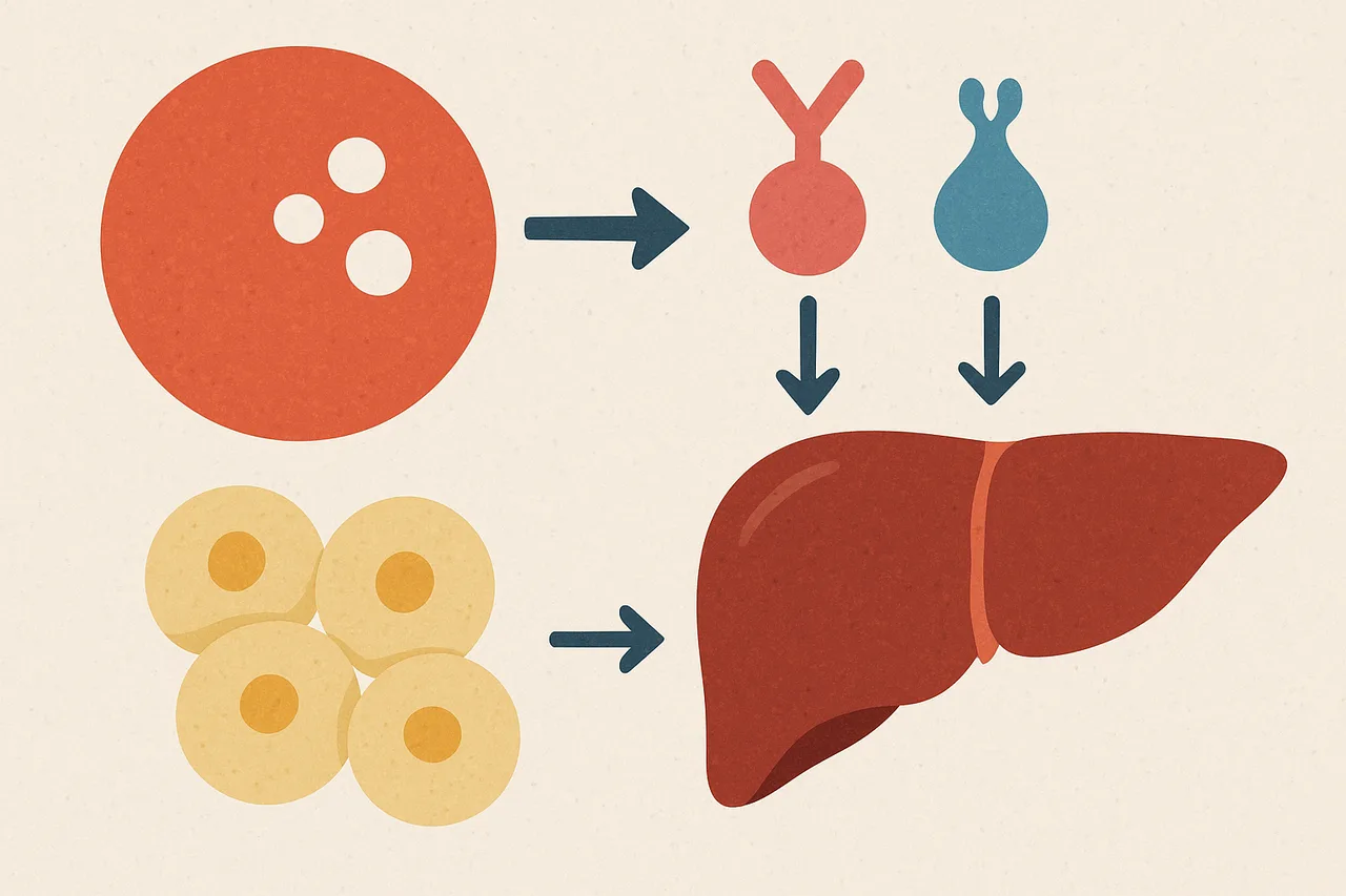 controlo do açúcar no sangue - Representação simplificada de metabolismo e controlo glicémico com células, fígado e hormonas