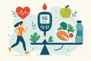 Conceito de controlo do açúcar no sangue com elementos de saúde, alimentação equilibrada e metabolismo