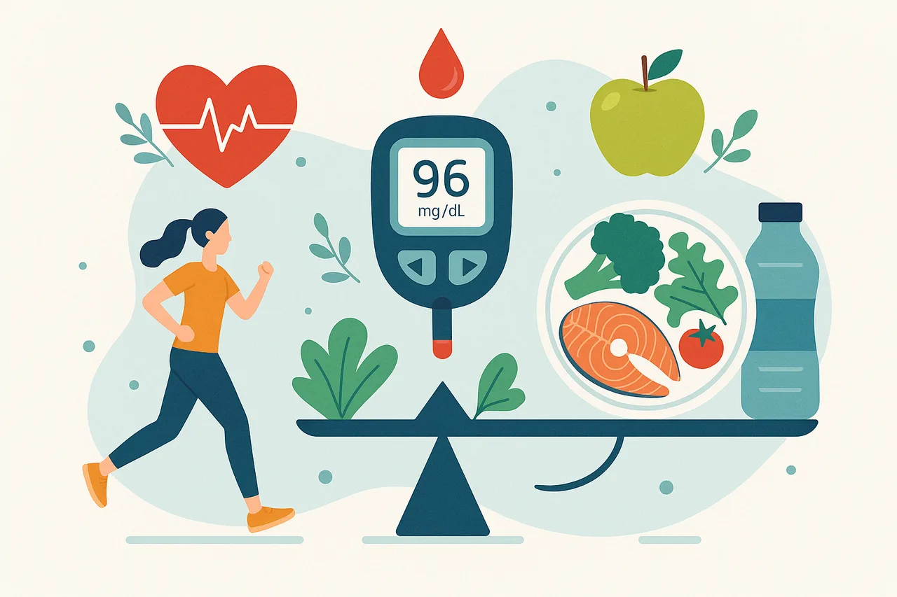 Conceito de controlo do açúcar no sangue com elementos de saúde, alimentação equilibrada e metabolismo