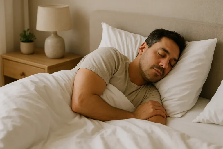 Pessoa a dormir confortavelmente do lado esquerdo numa cama moderna, ambiente calmo e acolhedor