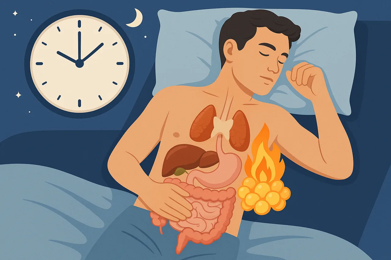 Ilustração do metabolismo noturno e queima de gordura visceral com destaque hormonal e ritmo cicardiano