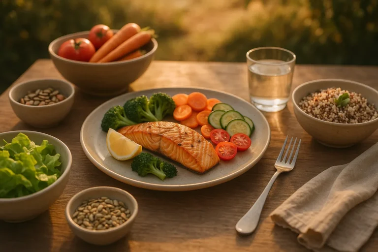 Refeição saudável e equilibrada ao entardecer com peixe grelhado e legumes frescos