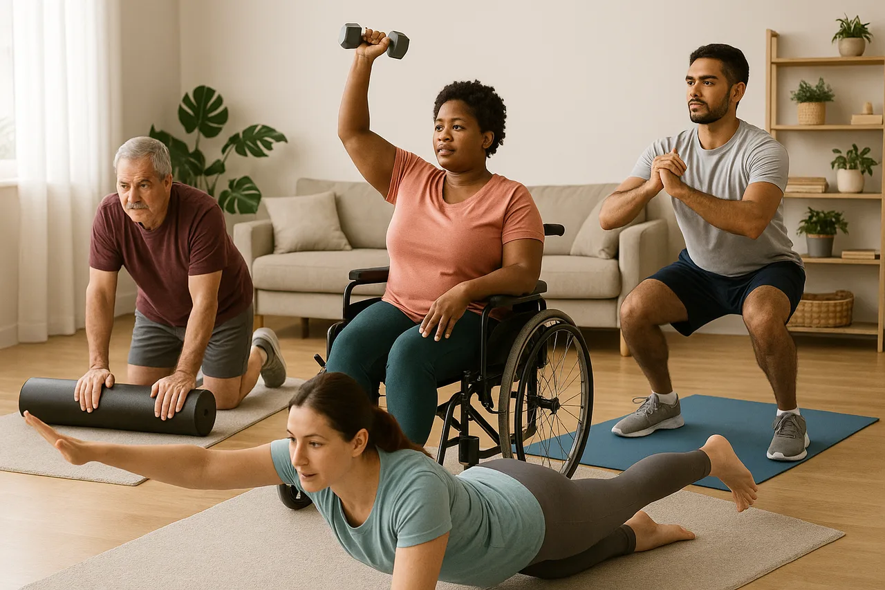 Pessoas a praticar exercícios em casa, foco na diversificação e segurança do treino