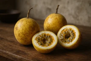 Maracujás frescos com cascas em destaque numa cozinha rústica