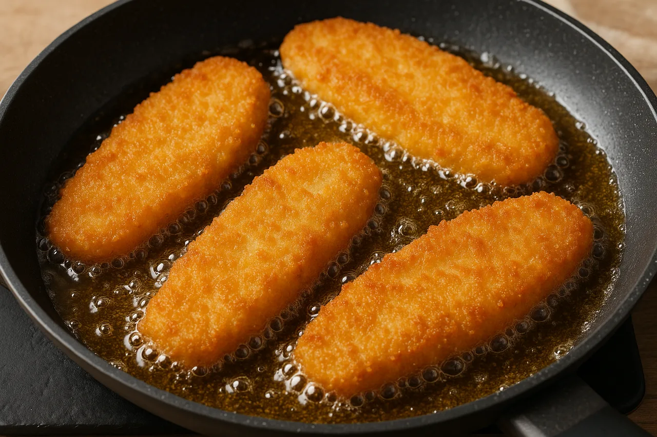 Filetes de pescada sem glúten a fritar numa frigideira com textura crocante visível