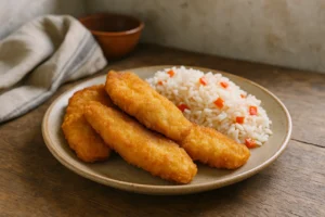 Filetes de pescada tradicionais dourados e crocantes com arroz de pimentos em prato rústico