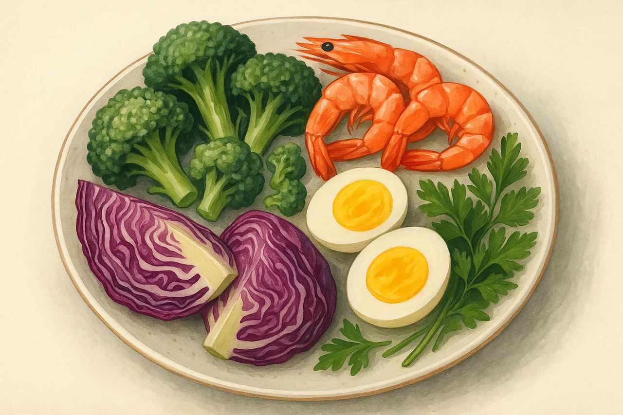 Gordura no Fígado - Prato colorido com alimentos nutricionais para a saúde do fígado